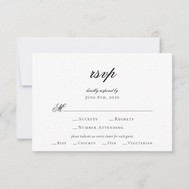 Elegante Script Schwarz-weiß Wedding RSVP Card (Vorderseite)