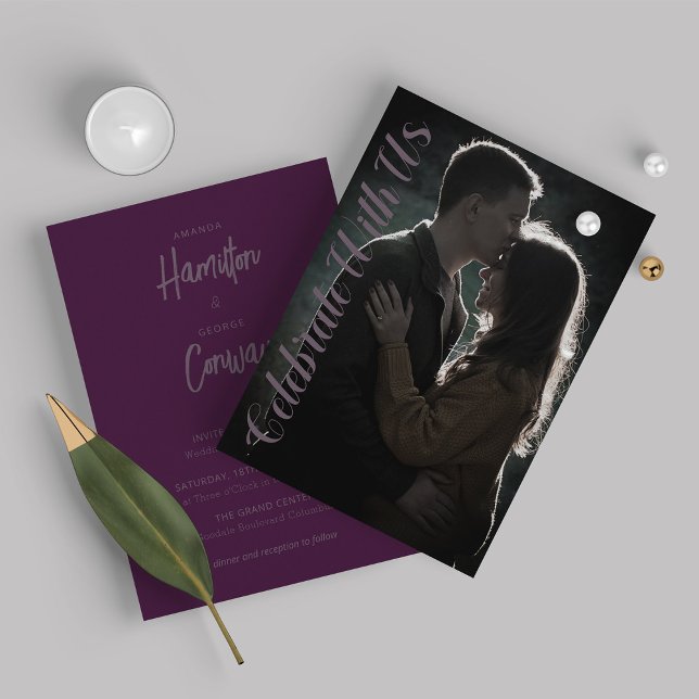Elegante Script-Shades der Lila Foto-Hochzeit Einladung (Von Creator hochgeladen)