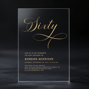 Elegante Script Sixty Schwarz Gold 60. Geburtstag Acryleinladungen