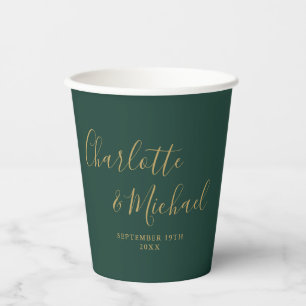 Elegante Script Smarald Green und Gold Wedding Pappbecher