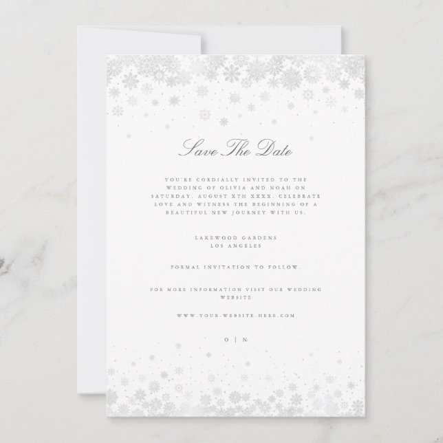 Elegante Script Snowflakes Save the Date Karte (Vorderseite)