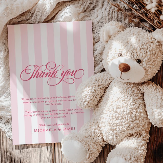 Elegante Script & Stripes Baby Dusche Dankeskarte (Von Creator hochgeladen)