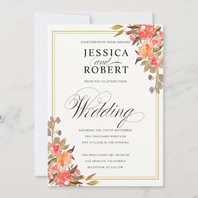 Elegante Script-Touch der Floral-Hochzeit im Herbs Einladung (Vorderseite)