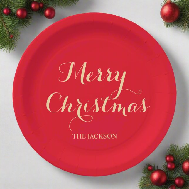 Elegante Script Typografie Merry Christmas Red Pappteller (Von Creator hochgeladen)