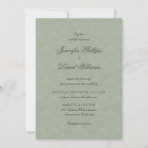 Elegante Script Vintag Sage Green Damask Hochzeit Einladung