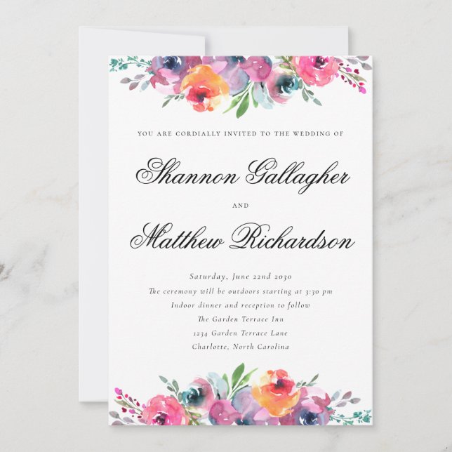 Elegante Script Watercolor Floral Wedding Einladung (Vorderseite)