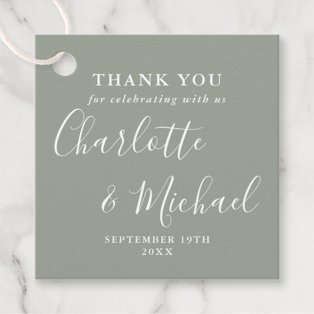 Elegante Script Wedding Danke Sage Green Geschenkanhänger (Vorderseite)