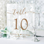 Elegante Script Wedding Gold Tischnummer Mattiert Acrylschild<br><div class="desc">Elegantes mattiertes Acryl Hochzeitszeichen mit "Tisch" in einem schicken goldfarbenen Kalligrafieschrift mit Swashes, die Tischnummer in klassischer Goldenen Serif Typografie, Ihre Vornamen verbunden mit einem Herz und Ihr Empfang Datum. Erstellen Sie jedes Tischnummer-Zeichen und fügen Sie Ihren Warenkorb ein nach dem anderen, dann Karo aus, sobald alle Zahlen in Ihrem...</div>