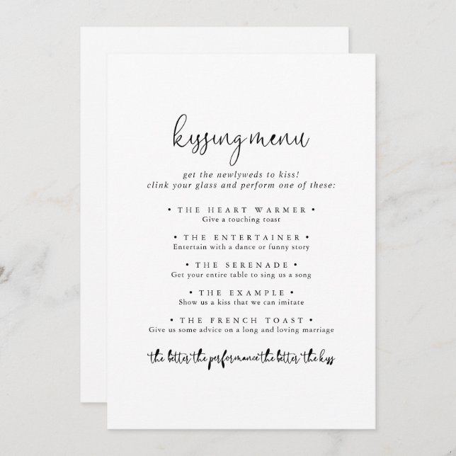 Elegante Script Wedding Kissing Menu Game Card (Vorne/Hinten)