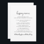 Elegante Script Wedding Kissing Menu Game Card<br><div class="desc">Diese elegante Skript Hochzeit Küssen Menü-Game-Karte ist ideal für einen rustikalen Hochzeitsempfang. Das schlichte und elegante Design zeichnet sich durch klassische und extravagante Schrift-Typografie in Schwarz aus.</div>