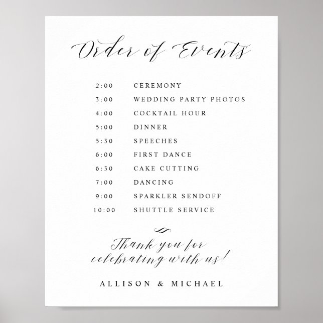 Elegante Script-Wedding Order of Events Sign Poster (Vorne)