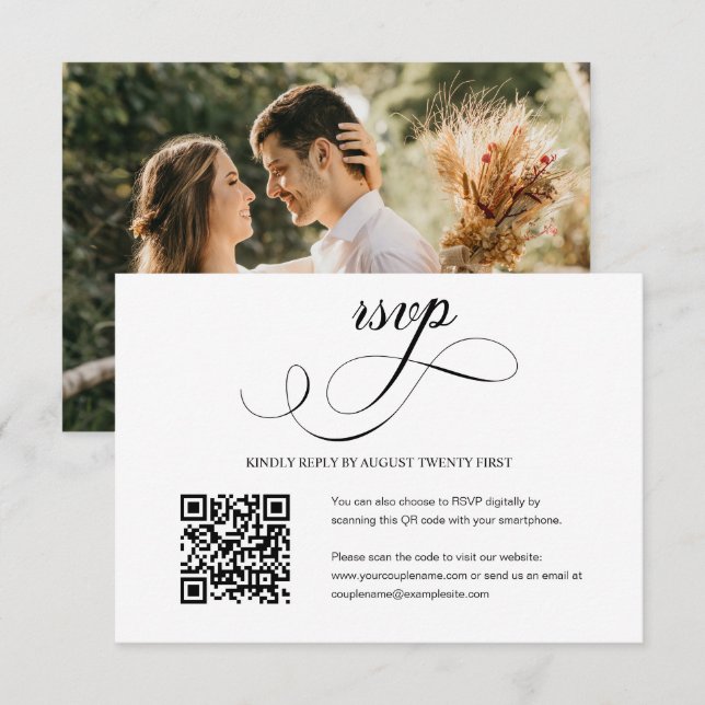 Elegante Script Wedding QR Code Foto RSVP Card Karte (Vorne/Hinten)