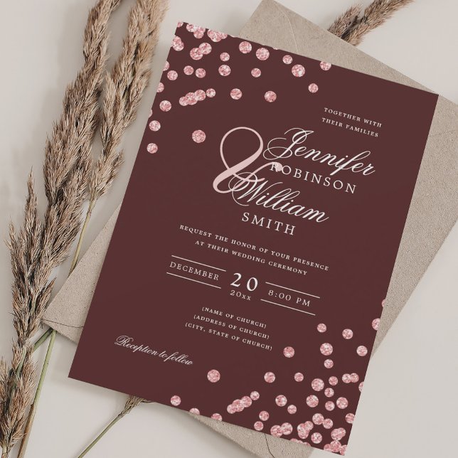 Elegante Script Wedding Rose Gold Confetti Burgund Einladung (Elegant Script Wedding Rose Gold Confetti Burgundy Invitation)