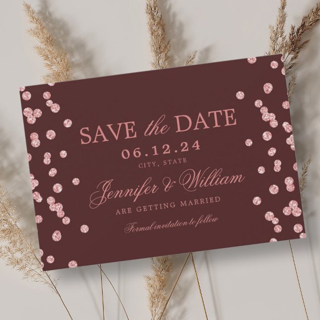 Elegante Script Wedding Rose Gold Confetti Burgund Save The Date (Elegant Script Wedding Rose Gold Confetti Burgundy Save The Date)