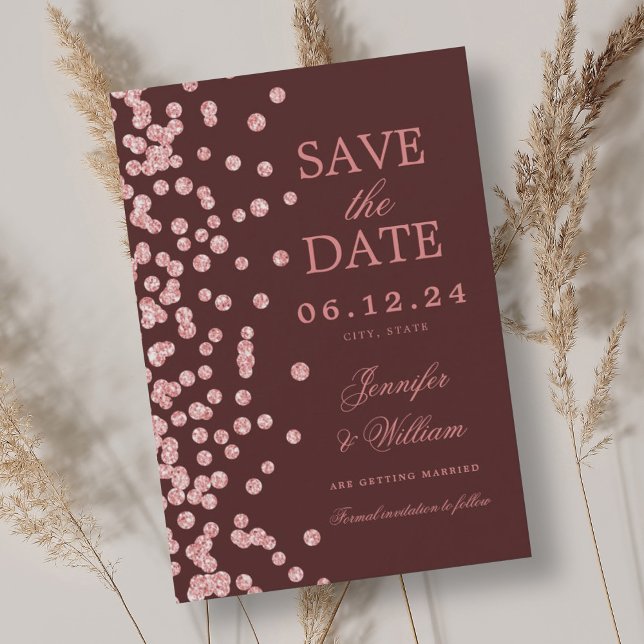 Elegante Script Wedding Rose Gold Confetti Burgund Save The Date (Elegant Script Wedding Rose Gold Confetti Burgundy Save The Date)
