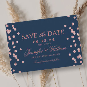 Elegante Script Wedding Rose Gold Confetti Navy Save The Date