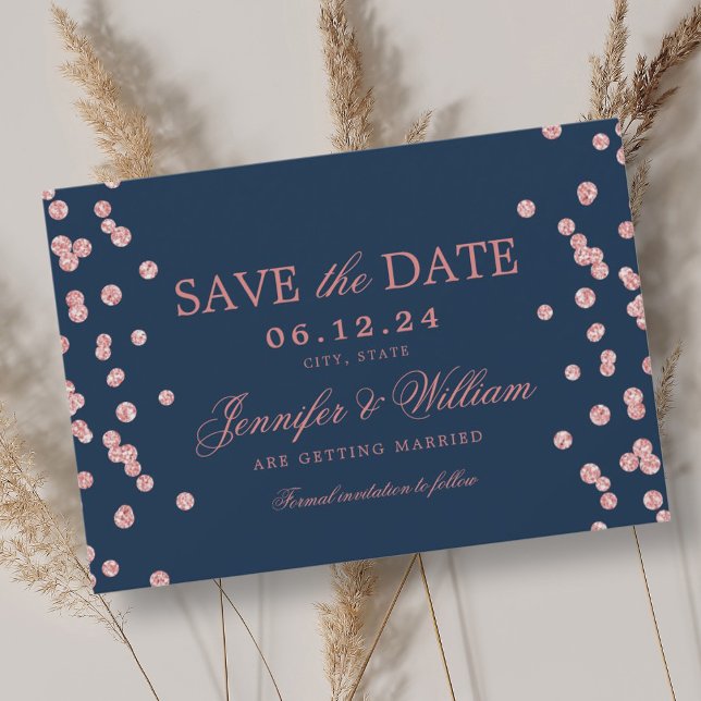 Elegante Script Wedding Rose Gold Confetti Navy Save The Date (Elegant Script Wedding Rose Gold Confetti Navy Save The Date)