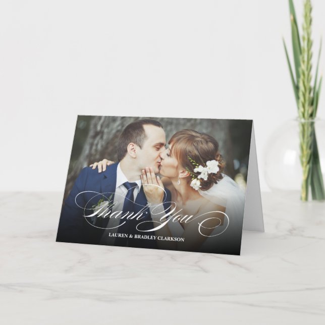 Elegante Script Wedding Vielen Dank. Foto Collage Dankeskarte (Vorderseite)
