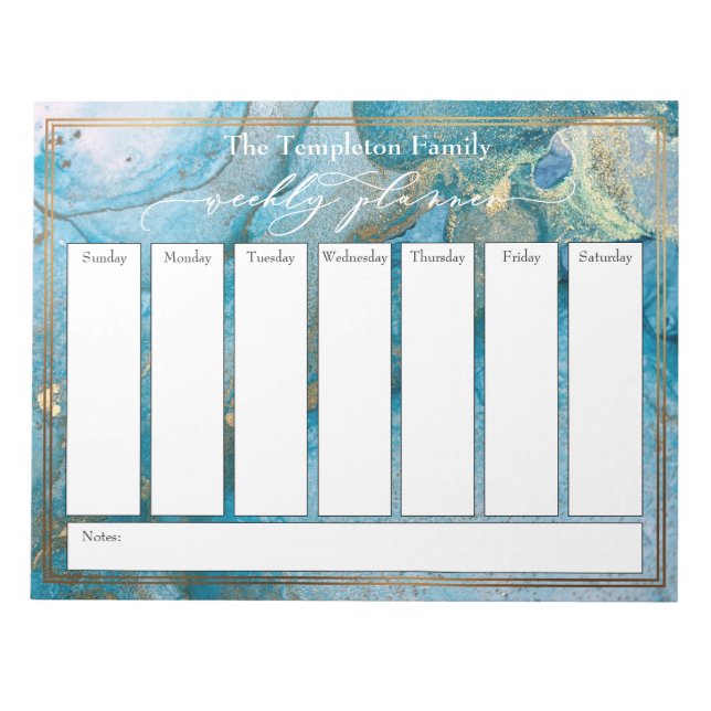 Elegante Script Weekly Planer Aquamarin & Gold Kun Notizblock (Vorderseite)