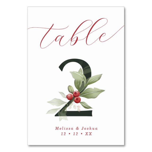 Elegante Script Winter Berries Tabelle 2 Tischnummer (Rückseite)