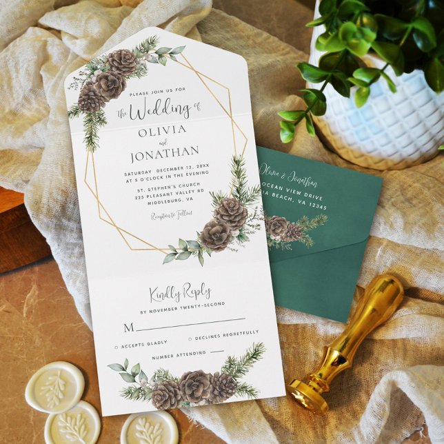 Elegante Script Winter Greenery Pine Cone Wedding All In One Einladung (Von Creator hochgeladen)
