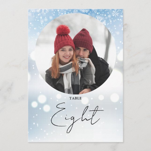 Elegante Script Winter Snowflakes Tischnummer (Vorderseite)