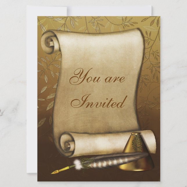 Elegante Scroll, Quill und Inkwell Einladung (Vorderseite)