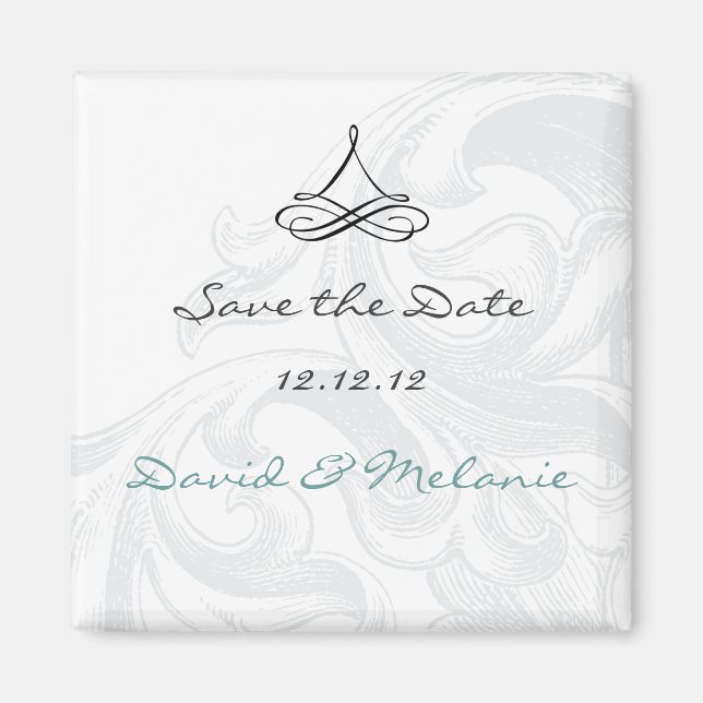 Elegante Scroll Save the Date Hochzeitsmagenten Magnet (Vorne)