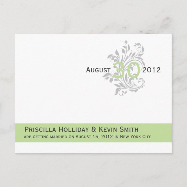 Elegante Scrolls Celery Green Grey Save the Date Ankündigungspostkarte (Vorderseite)
