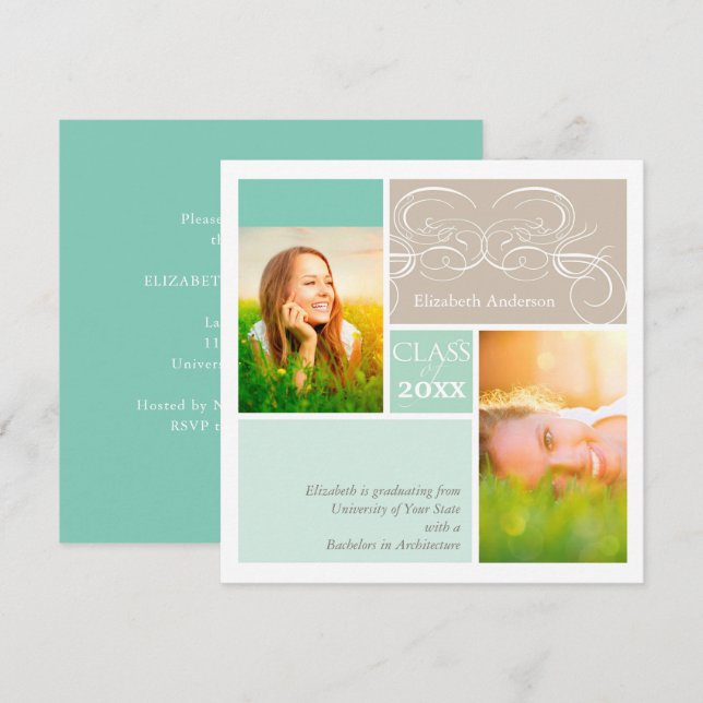 Elegante Scrolls Mint Two Foto Graduation Party Einladung (Vorne/Hinten)