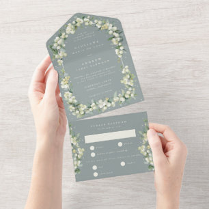 Elegante Seafoam Snowberry+Eucalyptus Wedding All In One Einladung