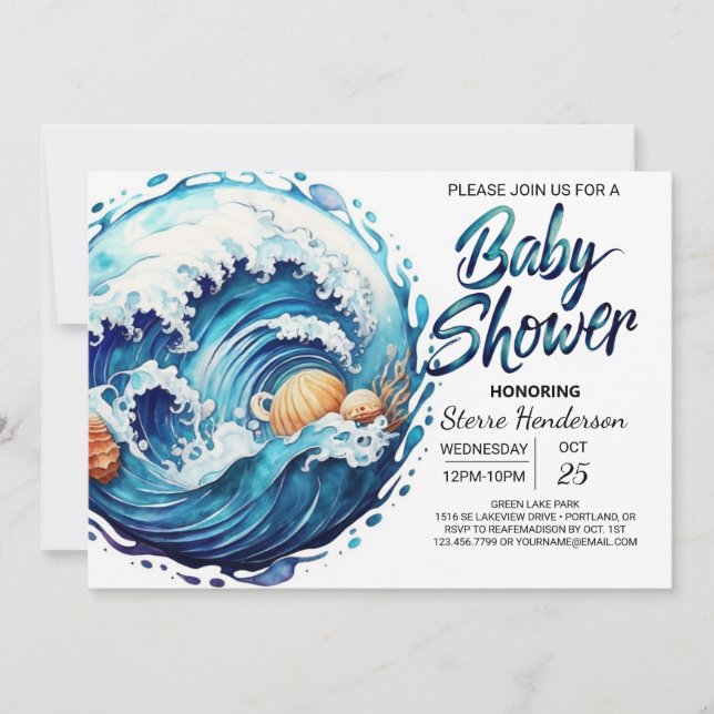 Elegante Seashore Waves Baby-Dusche Einladung (Vorderseite)