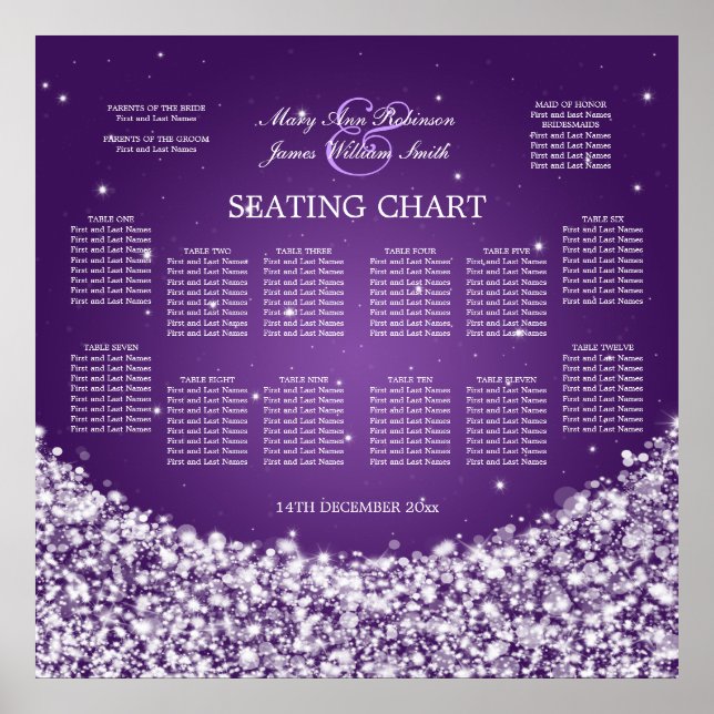 Elegante Seating Chart Star Sparkle Lila Poster (Vorne)