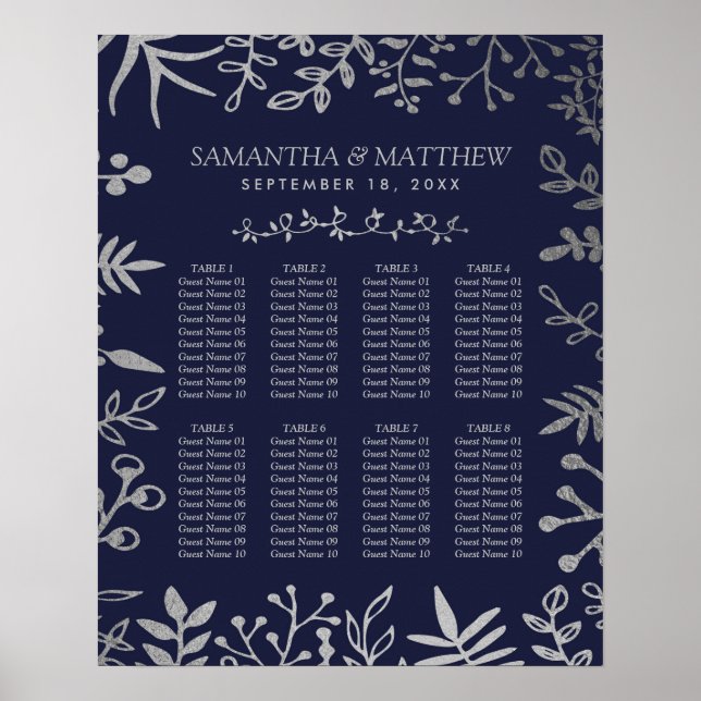 Elegante Seekarte für Navy und Silver Floral Poster (Vorne)