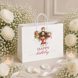 Elegante seltsame Frau Tiefrotes Schrift Geburtsta Große Geschenktüte