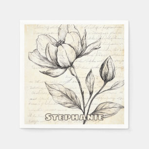 Elegante Sepia-Blumen im Vintage-Schriftzug Serviette