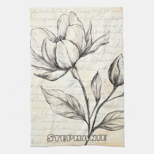 Elegante Sepia-Blumen im Vintage-Skript Geschirrtuch