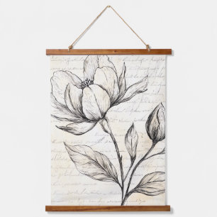 Elegante Sepia-Blumen im Vintage-Skript Wandteppich Mit Holzrahmen