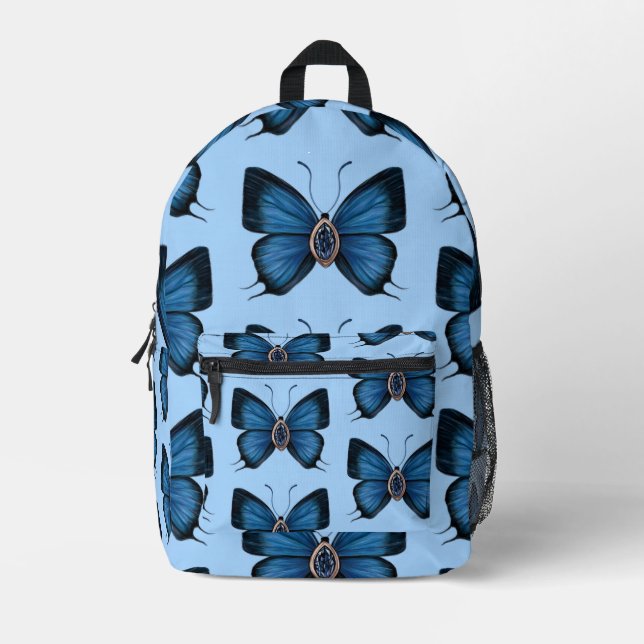 Elegante September Blue Sapphire Butterfly Pattern Bedruckter Rucksack (Vorderseite)