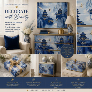 Elegante Serene Blaue Chinoiserie Berg-Dekoupage Seidenpapier