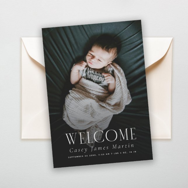 Elegante Serif Welcome Baby Foto Birth Ankündigung (Von Creator hochgeladen)