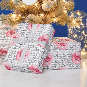 Elegante Shabby Chic rosa Rosen und Handschrift Geschenkpapier