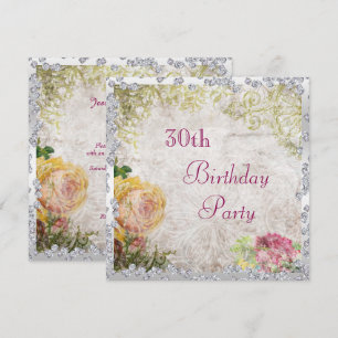 Elegante Shabby Chic Rosen & Diamanten 30. Geburts Einladung