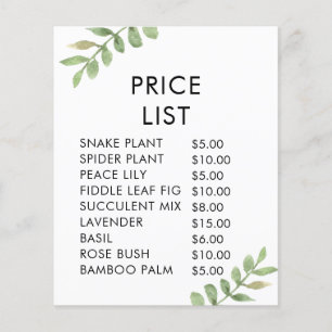 Elegante Shop Preisliste Anzeige mit grünen Blätte Flyer