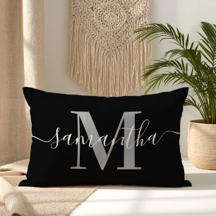 Elegante Signatur Grau Moderne Monogramm Schwarz Lendenkissen