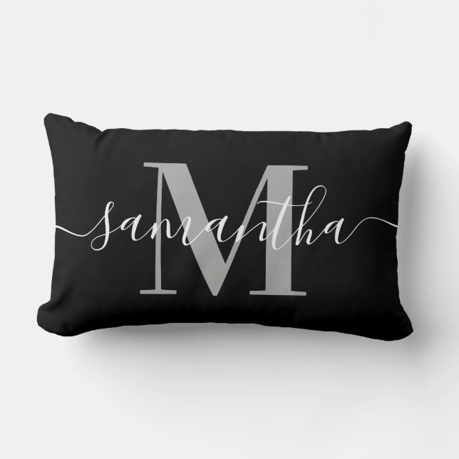 Elegante Signatur Gray Modern Monogram Black Lendenkissen (Vorderseite)
