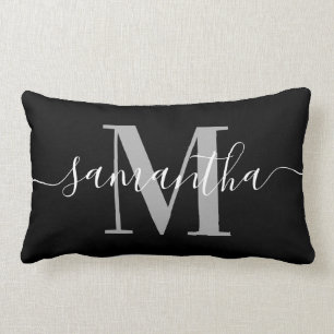 Elegante Signatur Gray Modern Monogram Black Lendenkissen