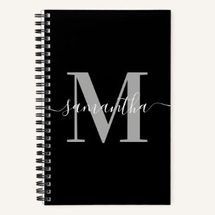 Elegante Signatur Gray Modern Monogram Black Notizbuch