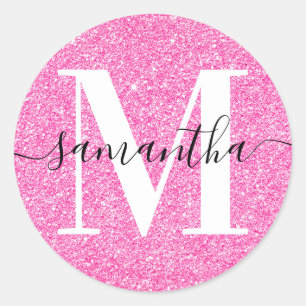 Elegante Signatur Moderne Monogramm Rosa Glitter Runder Aufkleber