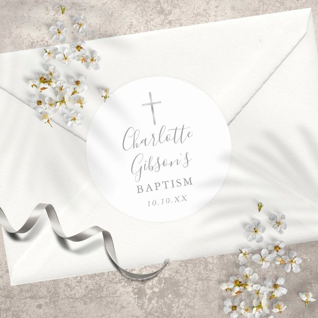 Elegante Signatur Silver Cross Taufen Christening Runder Aufkleber (Von Creator hochgeladen)